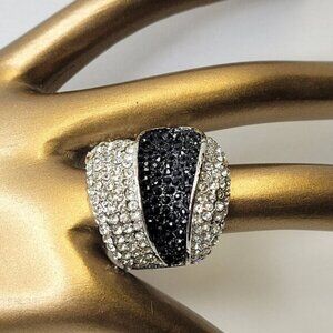Two Tone Silver and Black Color Wide Ring Concave Design with Rhinestones Sz 5